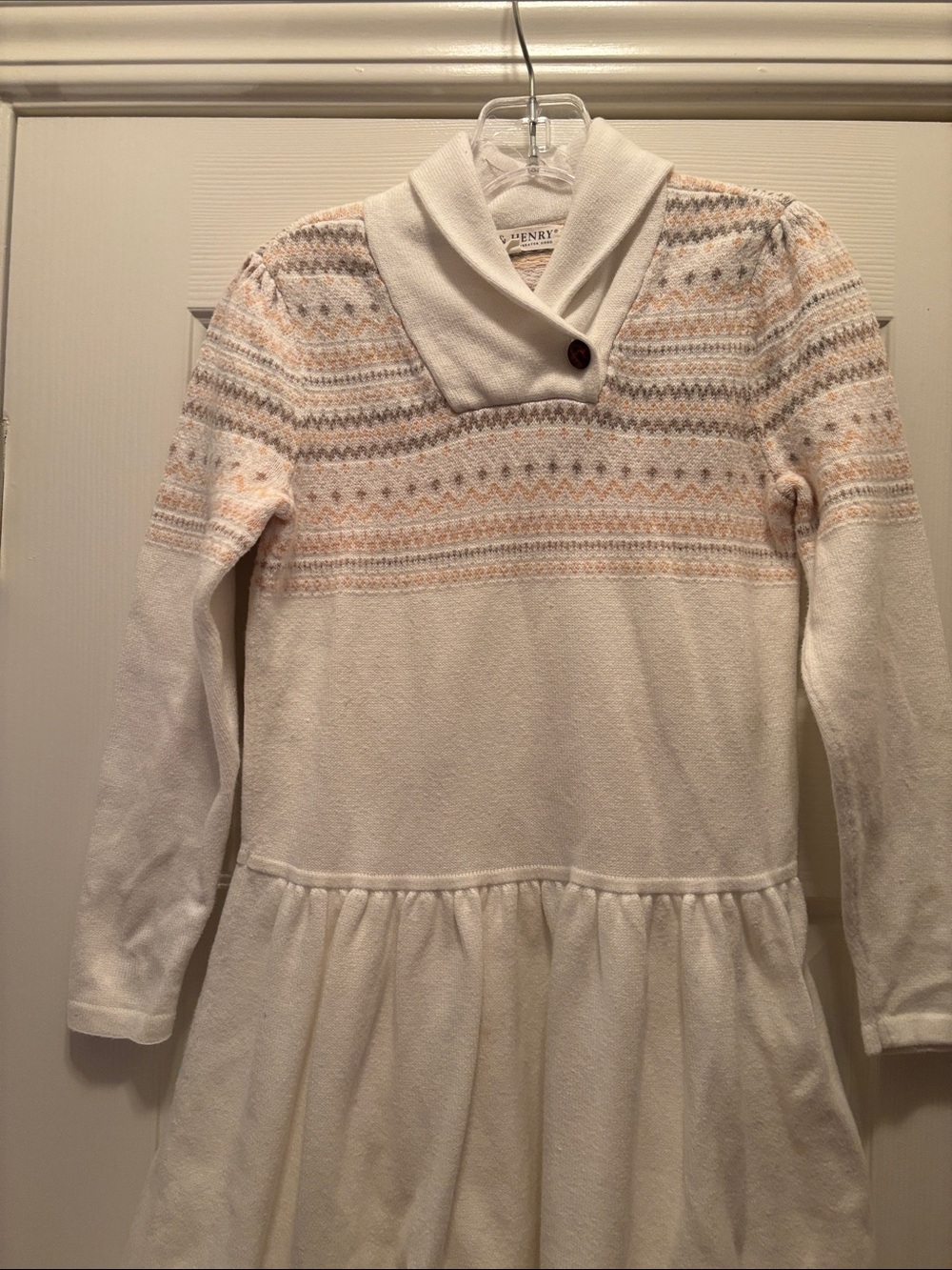 Girls' Cream Knit Long-Sleeve Dress with Fair Isle Yoke